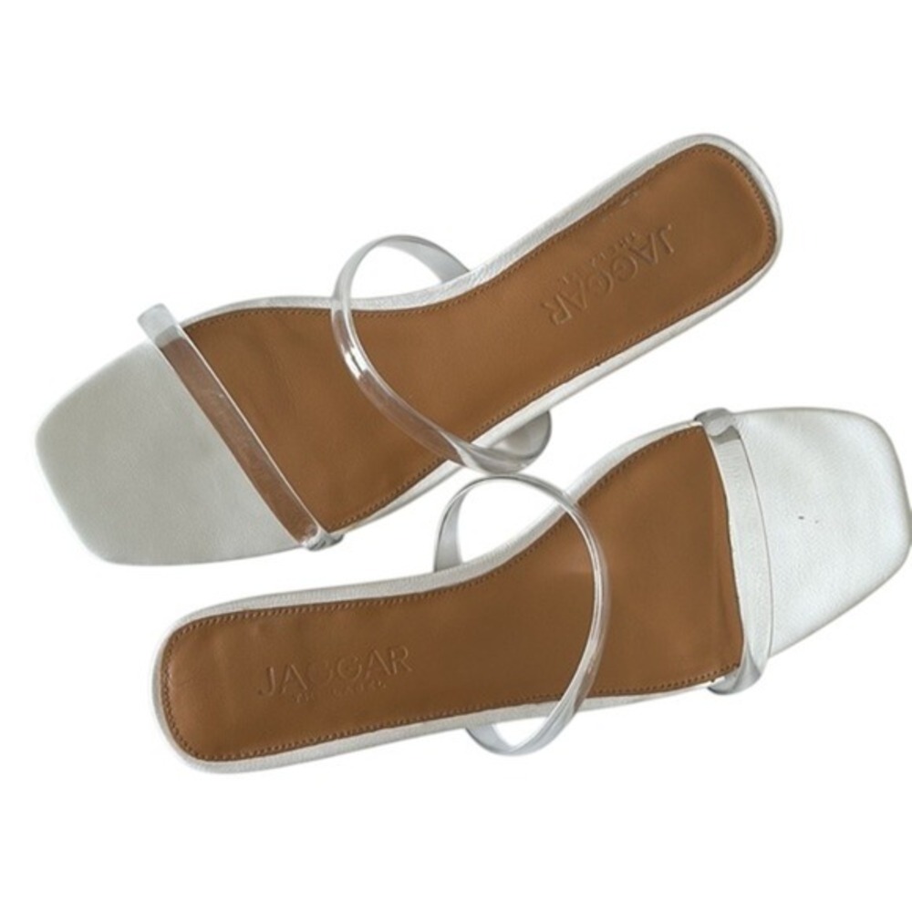 JAGGAR clear and white double strap Perspex sandals flat shoes US 9